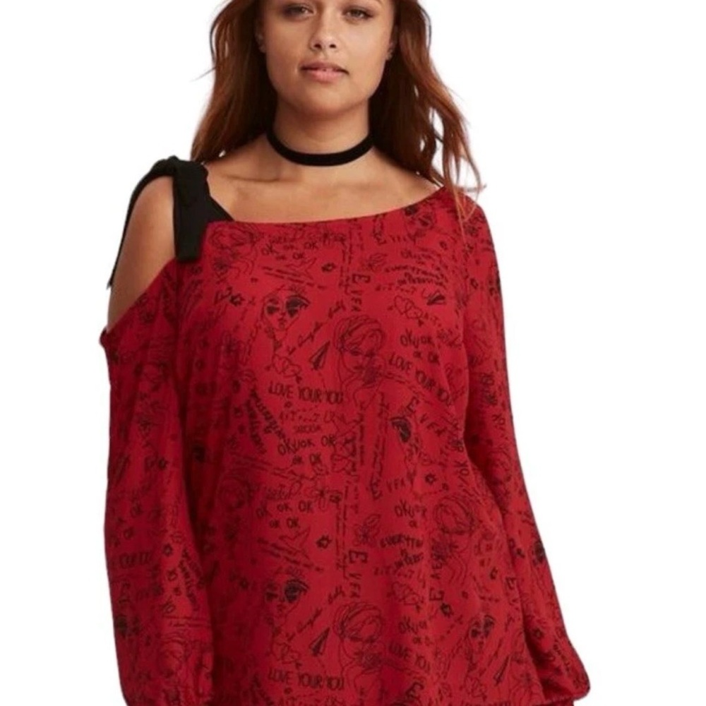 Torrid Red Valentines Blouse with Black Art Accents